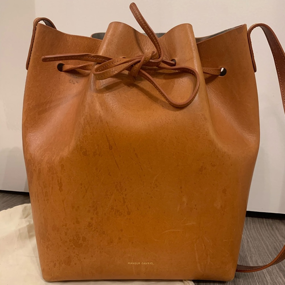 Mansur Gavriel Tan and Silver bucket bag